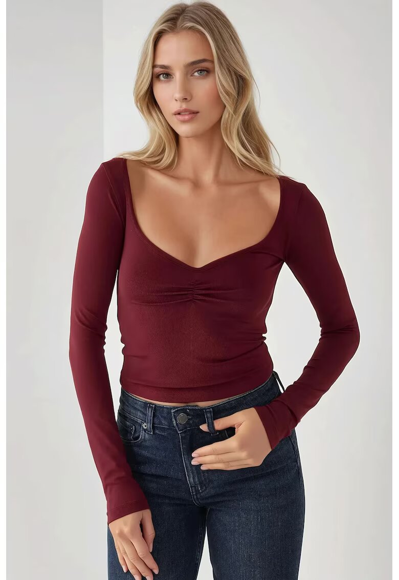 HiCCUP Top dama - slim fit - decolteu in V - rosu - jerseu
