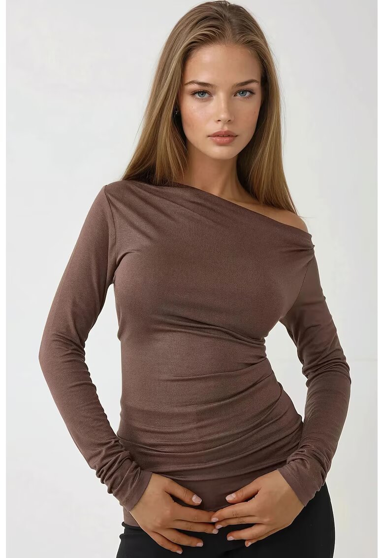 HiCCUP Top dama - slim fit - guler asimetric - maneca lunga - maro - jerseu