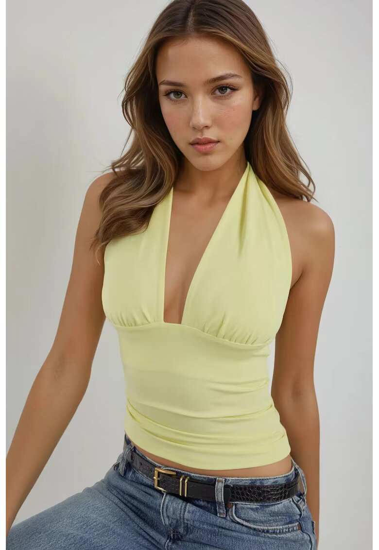 HiCCUP Top dama - tricotat slim fit - decolteu in V - galben - jerseu