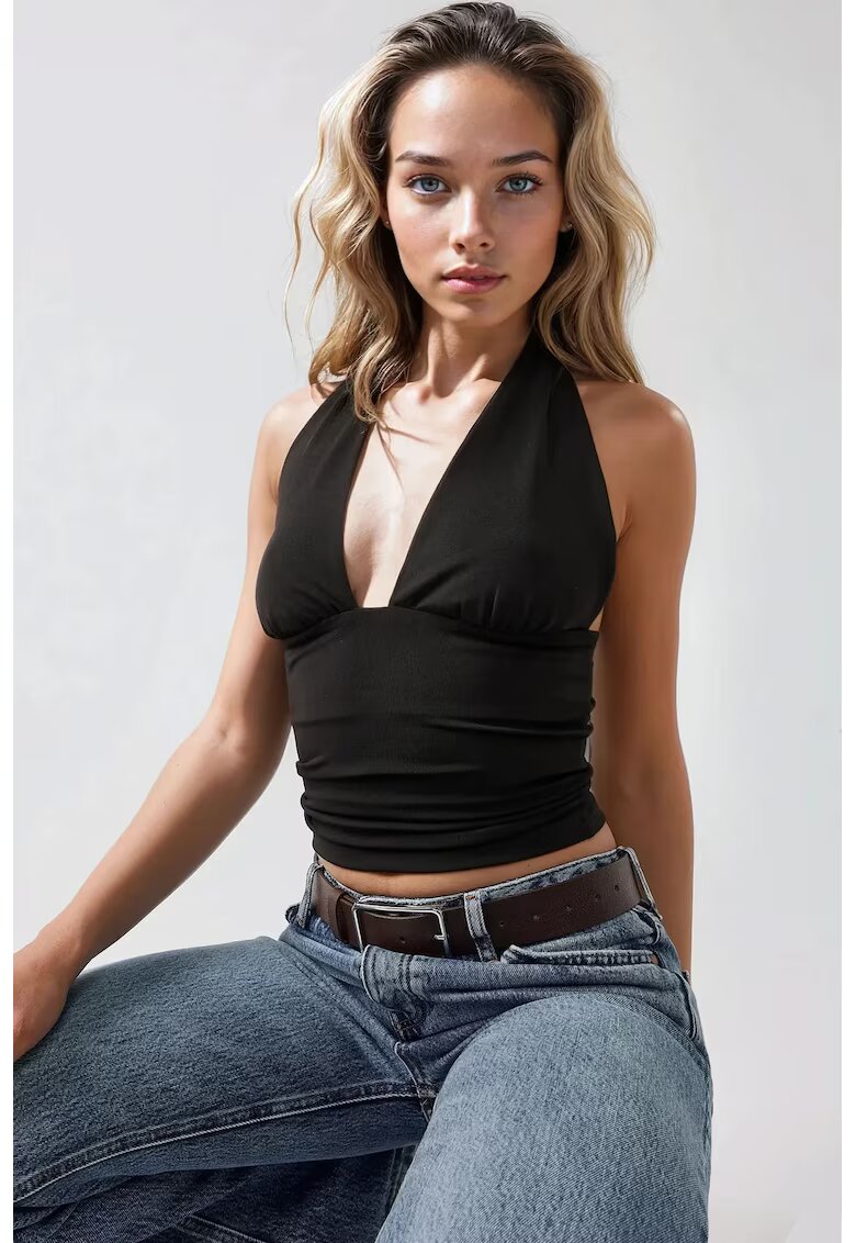 HiCCUP Top dama - tricotat slim fit - decolteu in V - negru - jerseu