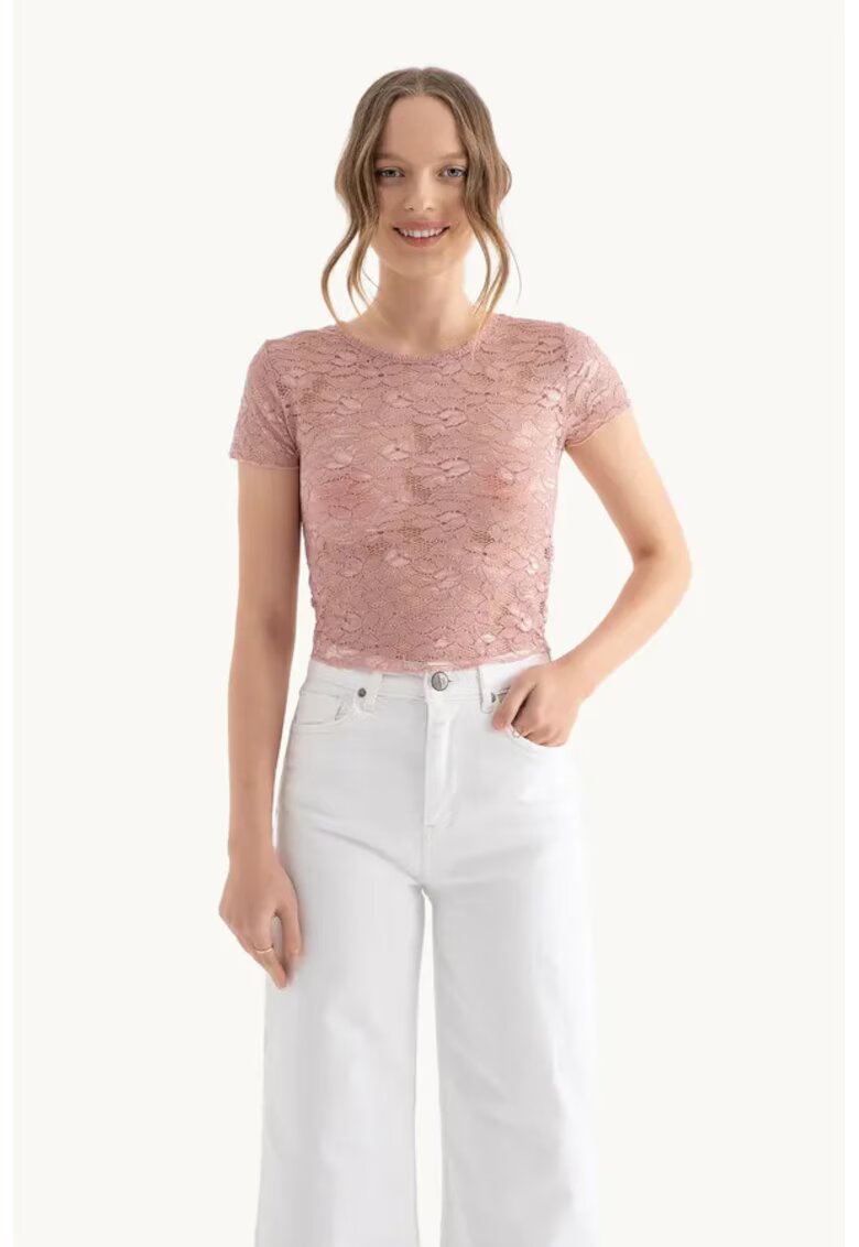 HiCCUP Top din plasa - decolteu rotund - broderie florala - roz - jerseu