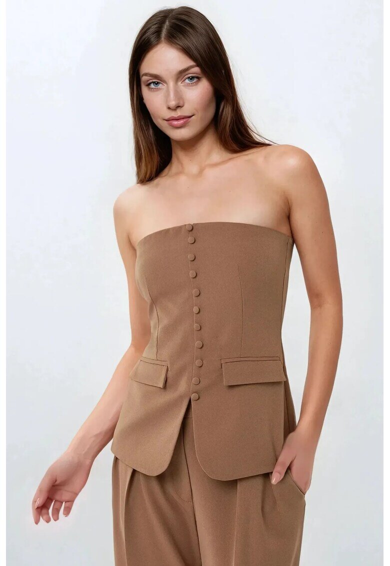 HiCCUP Top fara bretele - slim fit - nasturi - maro - textil