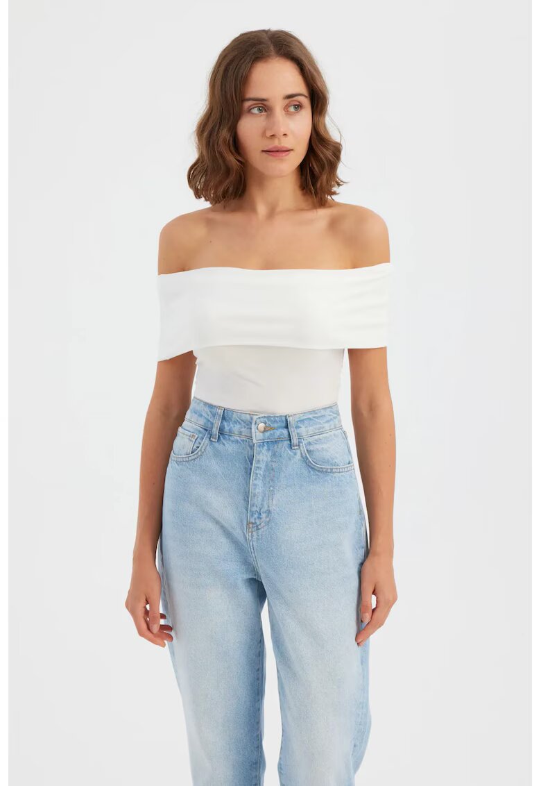 HiCCUP Top scurt - bodycon - umeri goi - alb - bumbac