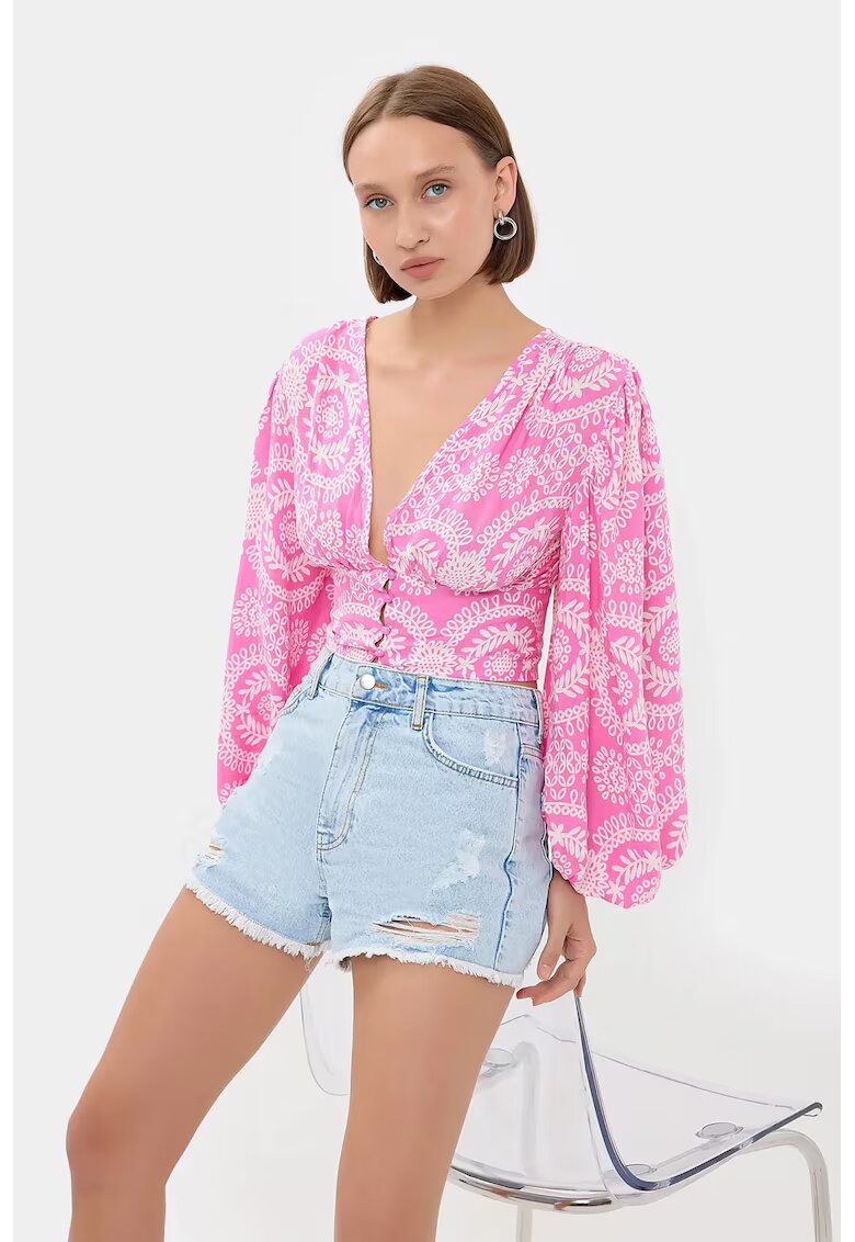 HiCCUP Top scurt - boho - decolteu in V - maneci balon - roz - textil