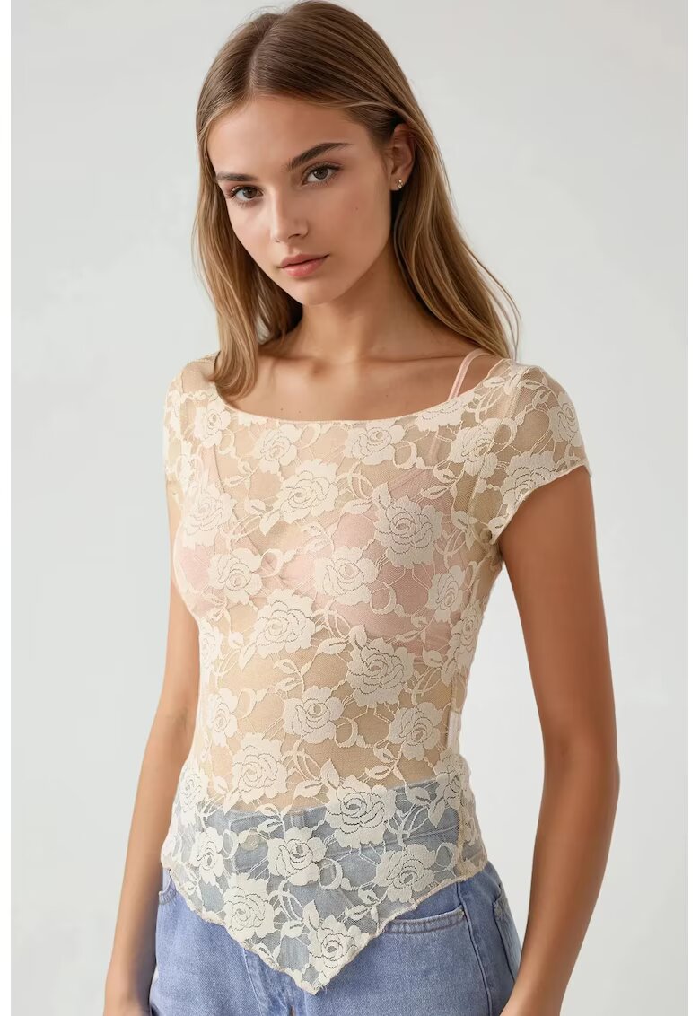 HiCCUP Top scurt dama - dantela florala - slim fit - bej - jerseu