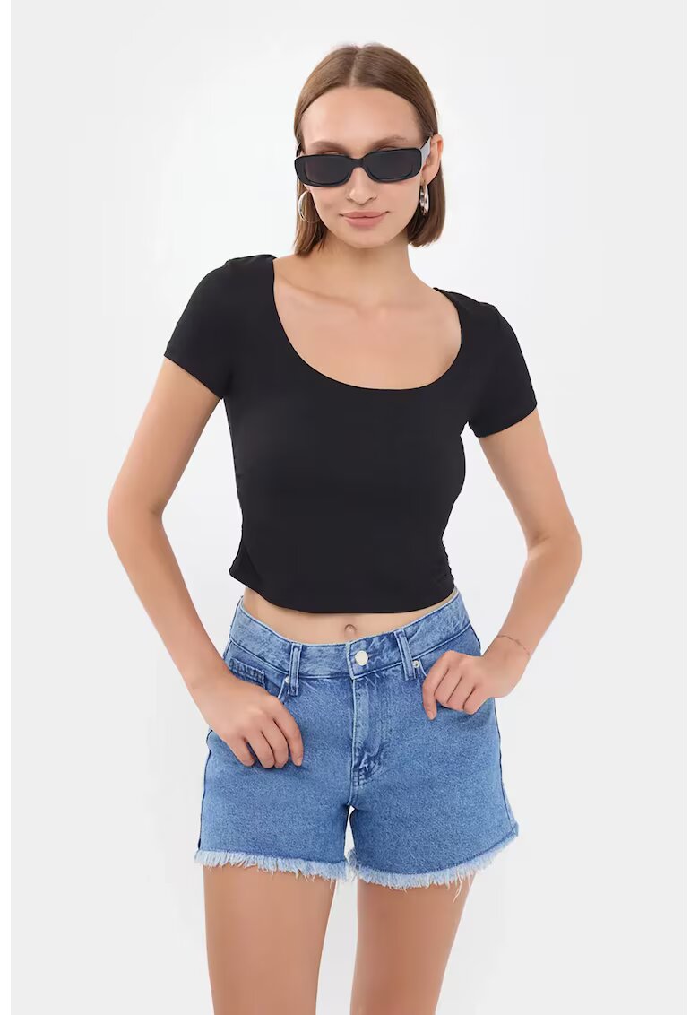 HiCCUP Top scurt dama - decolteu rotund - negru - jerseu