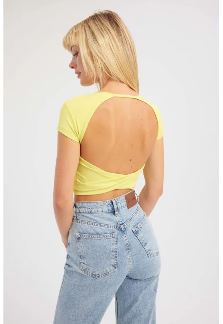 HiCCUP Top scurt dama - guler rotund - spate incrucisat - galben - textil