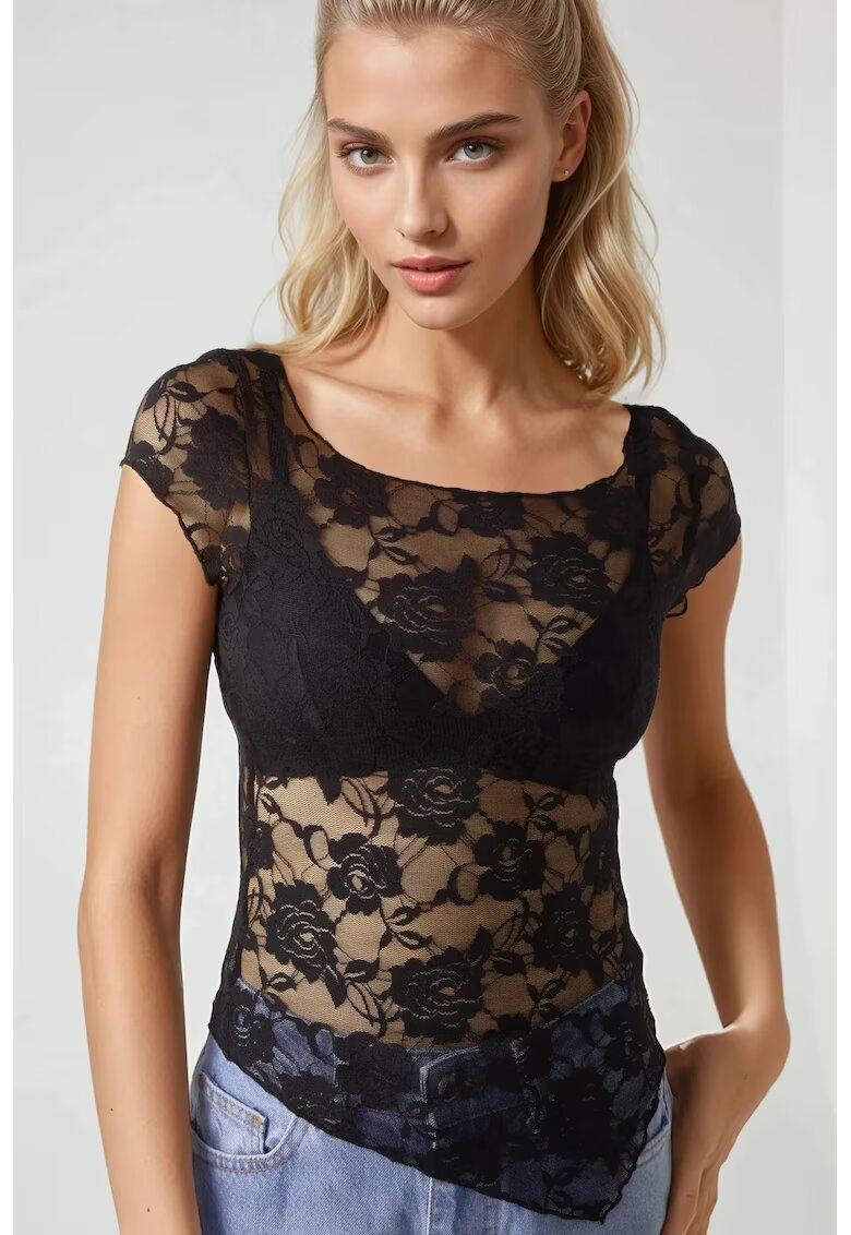 HiCCUP Top scurt - dantela florala - negru - jerseu