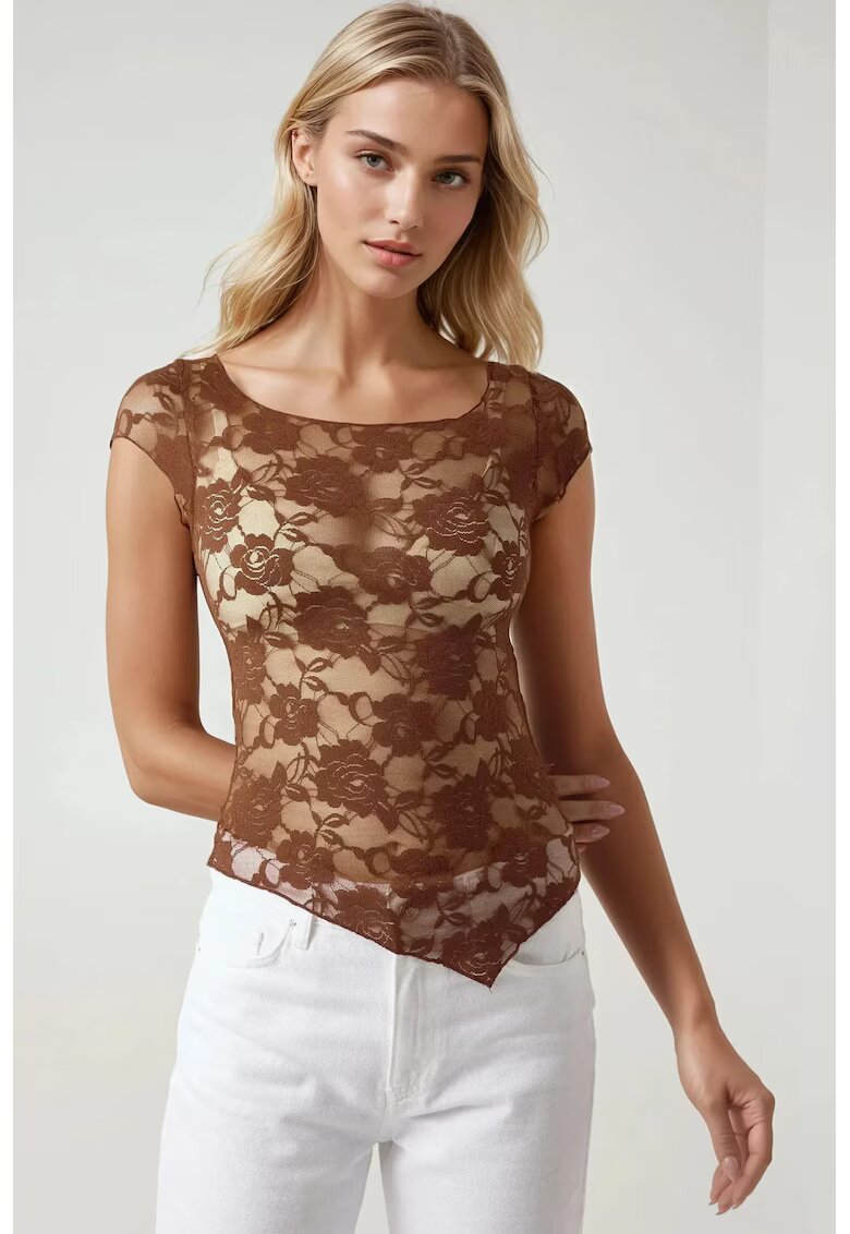 HiCCUP Top scurt - dantela florala - slim fit - maro - jerseu