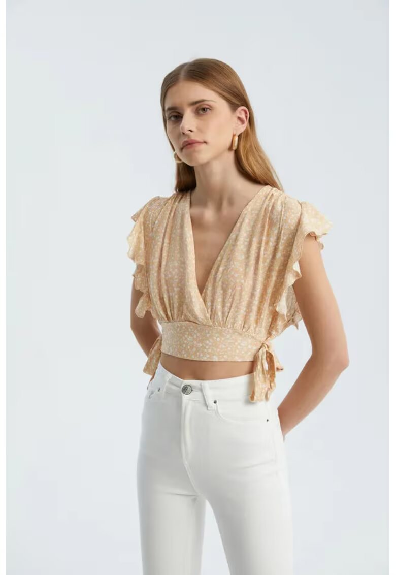 HiCCUP Top scurt - decolteu in V - nod lateral - bej - textil