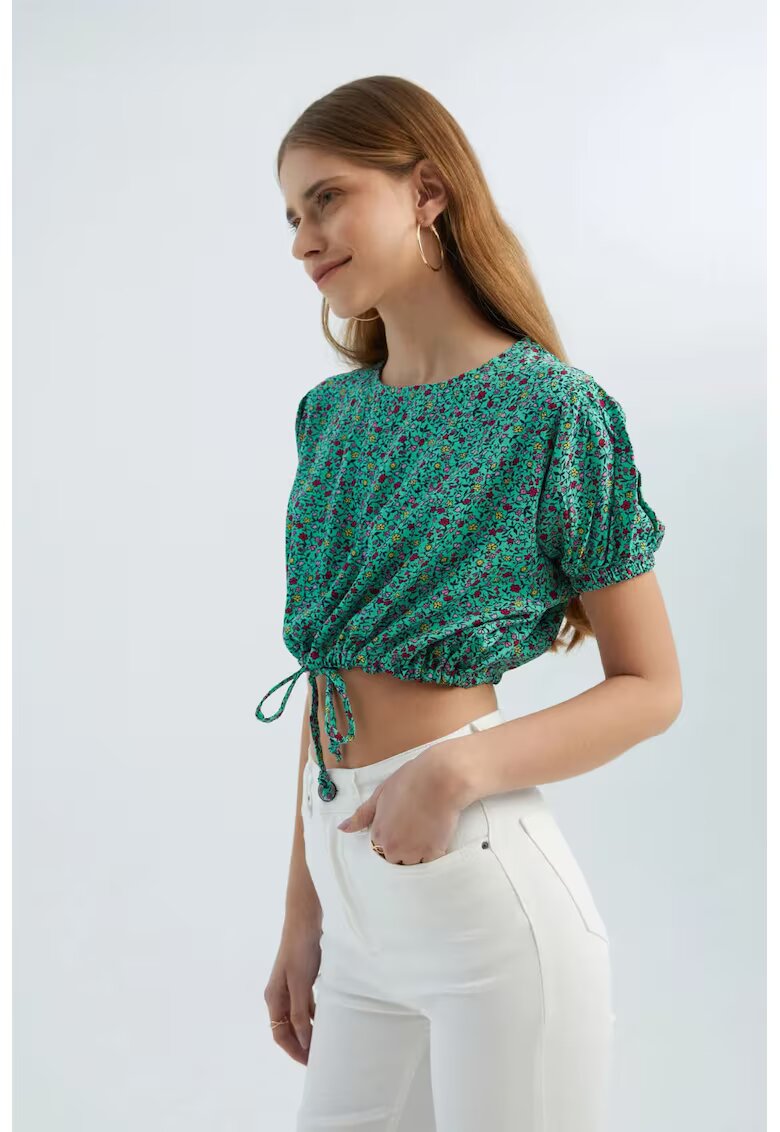 HiCCUP Top scurt decolteu rotund - imprimeu floral - verde - textil