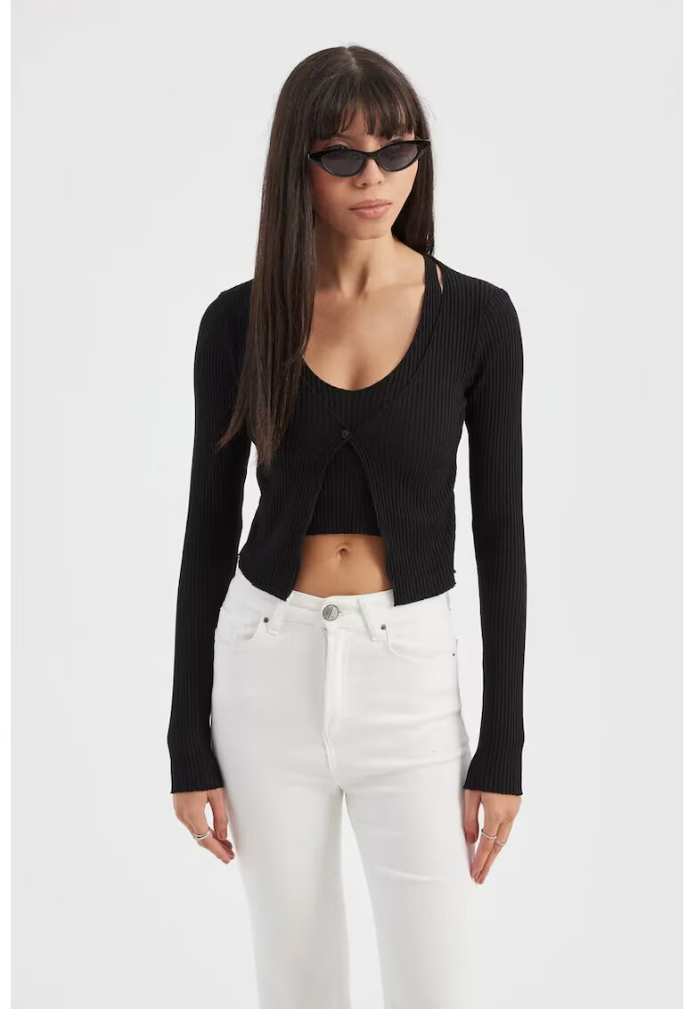 HiCCUP Top scurt - femei - set Twin: cardigan tricotat cu decolteu in V - maneca lunga - detaliu cu nasturi si top scurt - negru