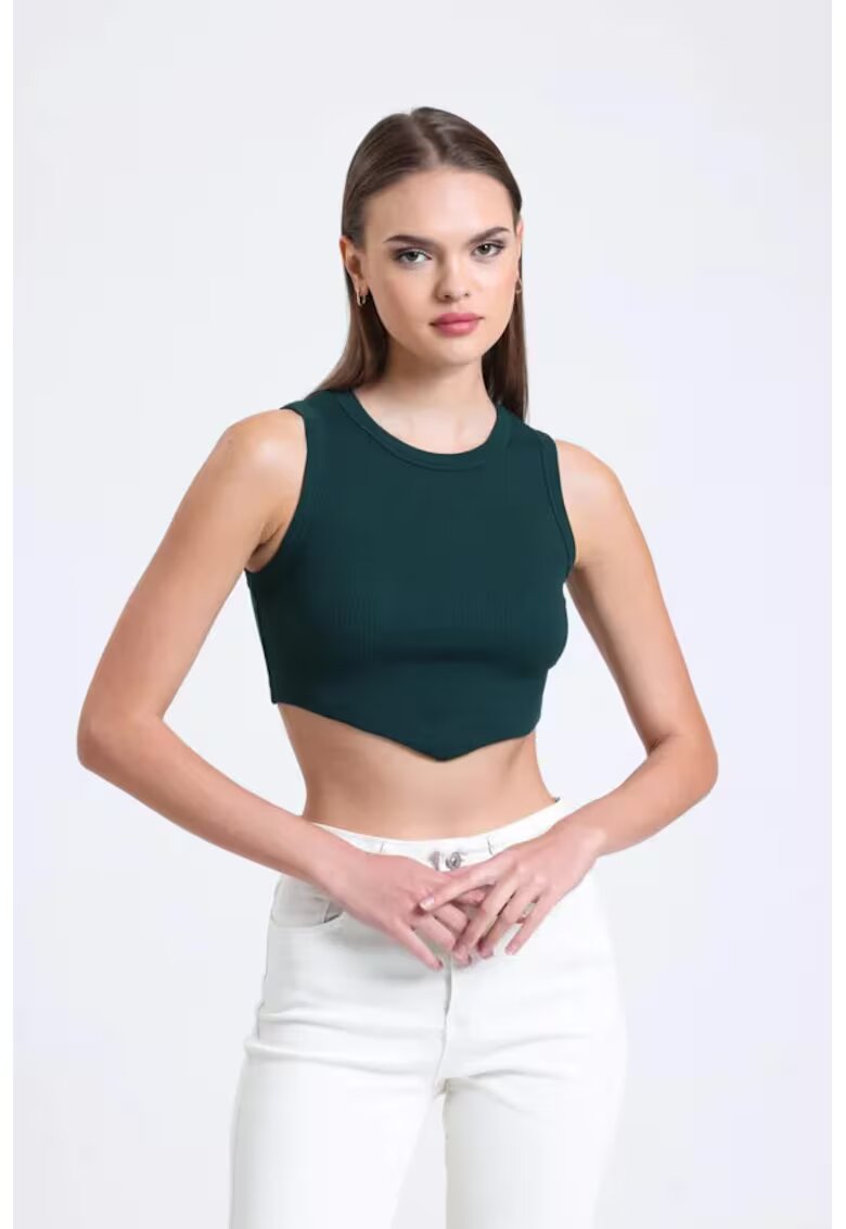 HiCCUP Top scurt - guler rotund - forma de V - verde - textil