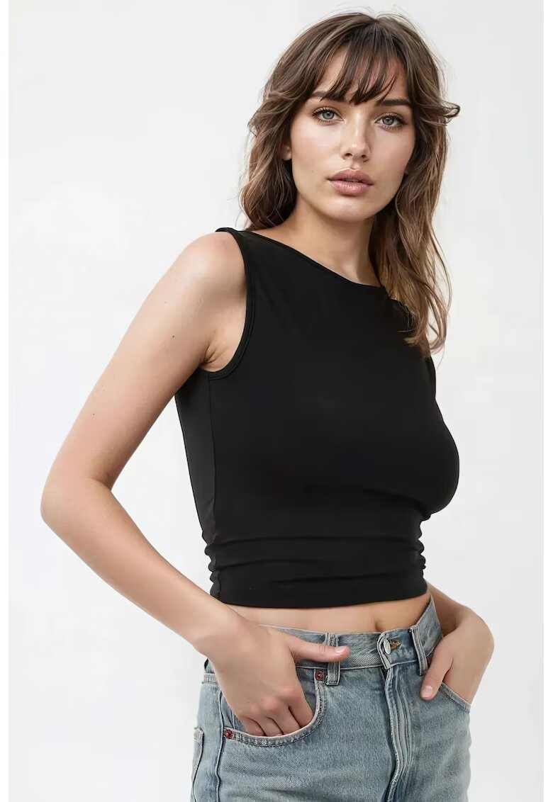 HiCCUP Top scurt slim fit - decolteu tip barca - detaliu la spate - negru - jerseu