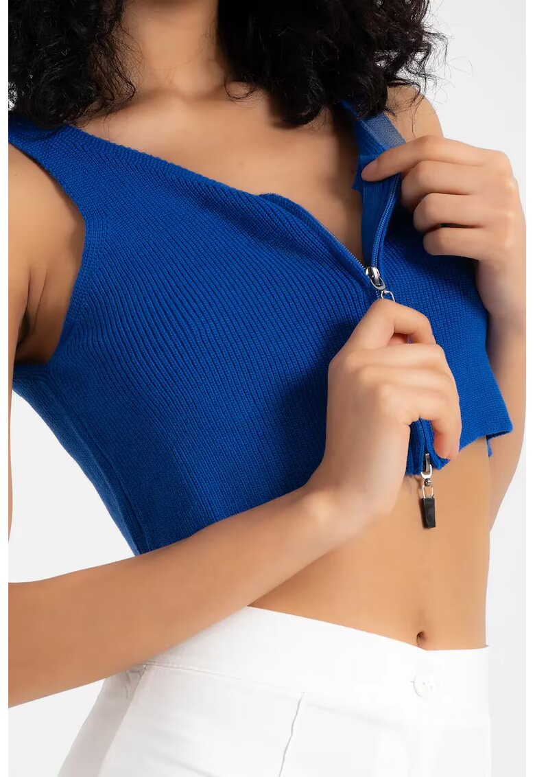 HiCCUP Top scurt tricotat decolteu in V - fermoar - albastru cobalt - textil -