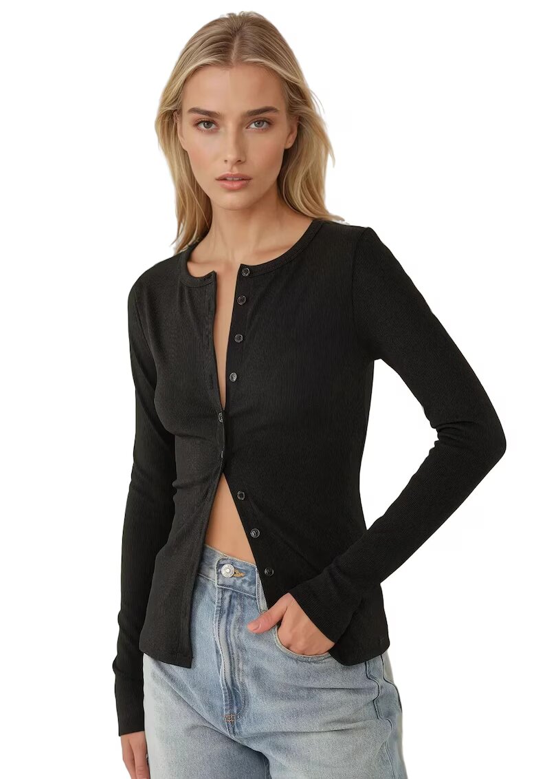 HiCCUP Top slim fit - decolteu in V - maneca lunga - negru