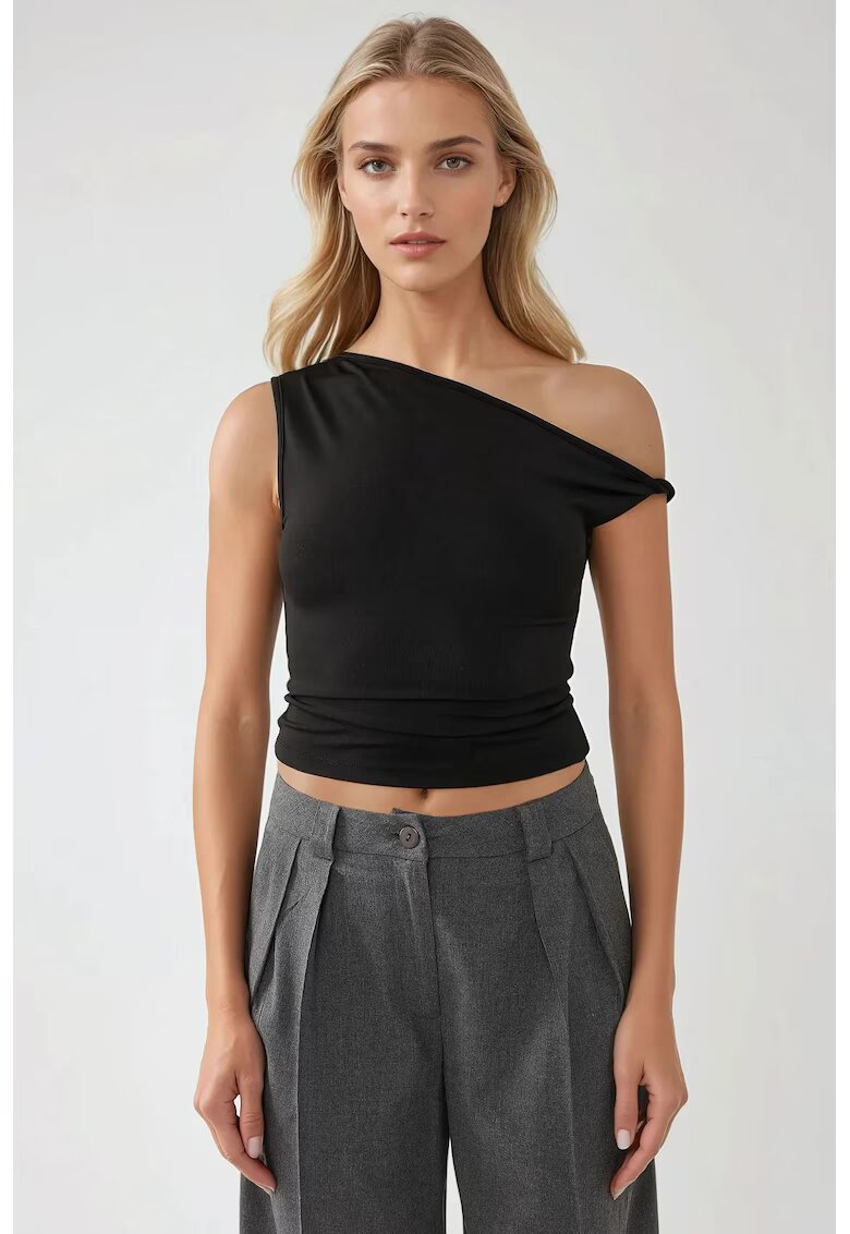HiCCUP Top slim fit - guler asimetric - umeri goi - negru - jerseu - Negru