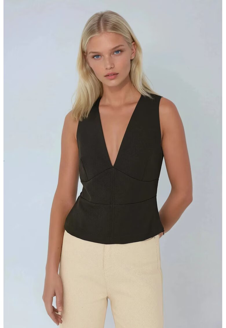 HiCCUP Top top fara maneci - decolteu in V - negru - bumbac