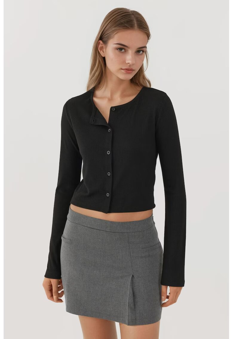 HiCCUP Top - top scurt cu guler rotund - nasturi - negru - amestec de viscoza