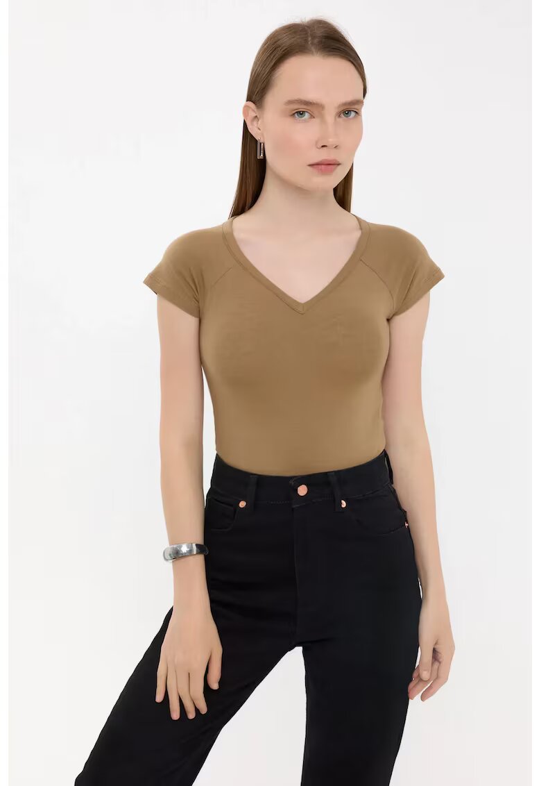 HiCCUP Tricou dama - basic - maneca scurta - decolteu in V - maro - bumbac