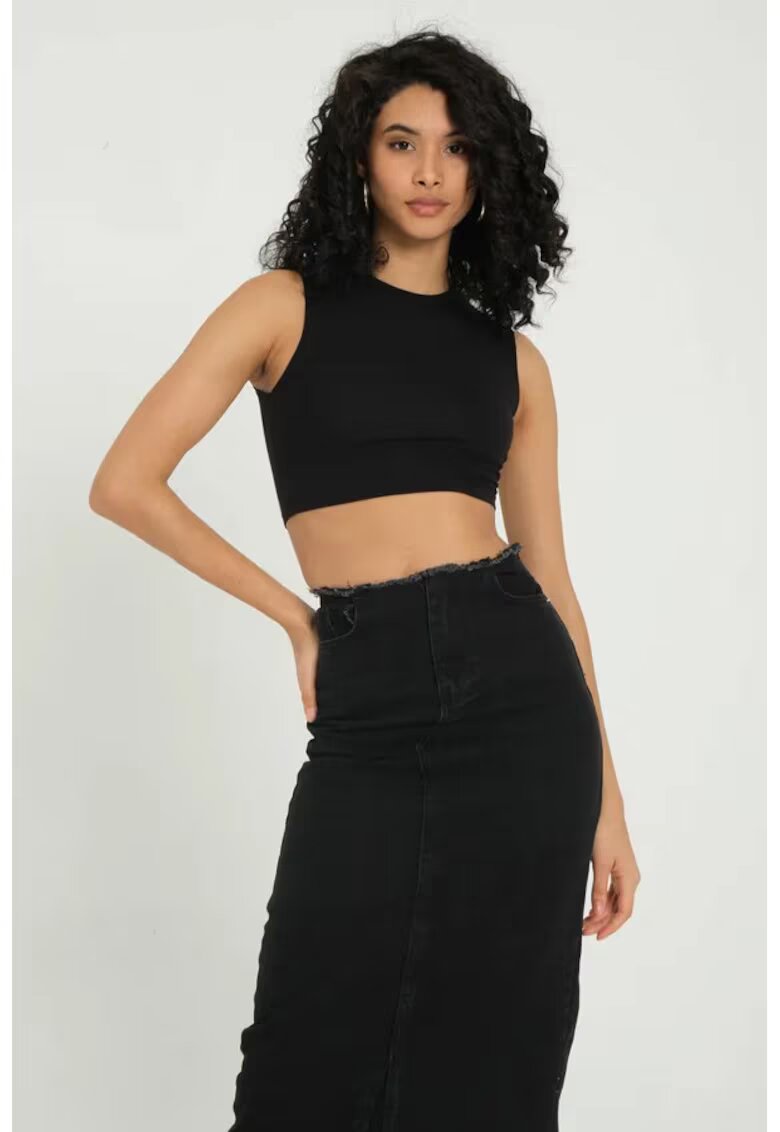 HiCCUP Tricou dama - crop basic - guler rotund - negru - textil