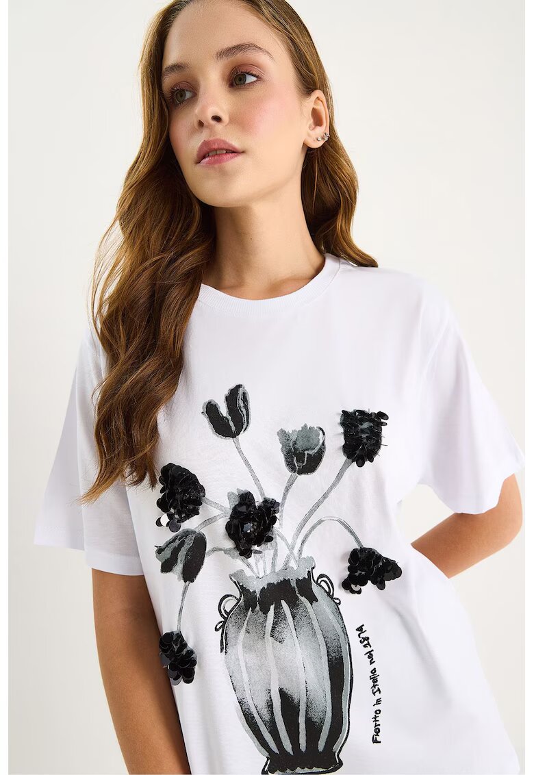 HiCCUP Tricou dama guler rotund - imprimeu cu paiete - alb - jerseu