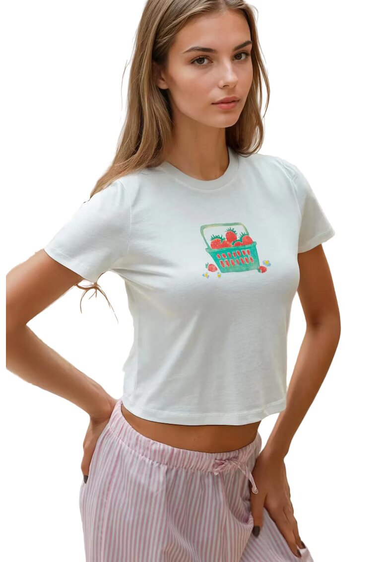 HiCCUP Tricou dama - scurt - guler rotund - croiala regulata - alb - 100% bumbac