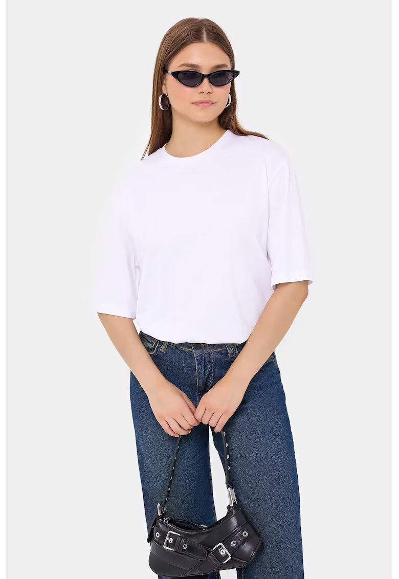 HiCCUP Tricou dama - simplu - guler rotund - fermoar spate - alb - bumbac
