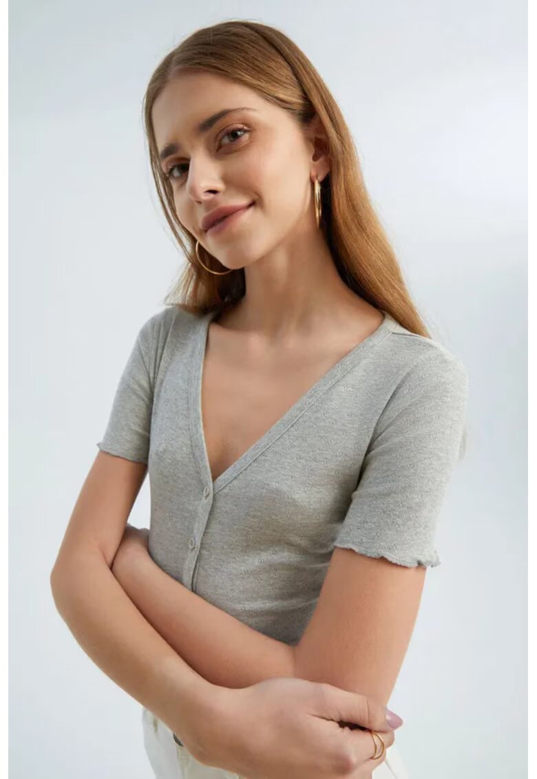 HiCCUP Tricou dama - texturat - decolteu in V - maneca scurta - gri - jerseu