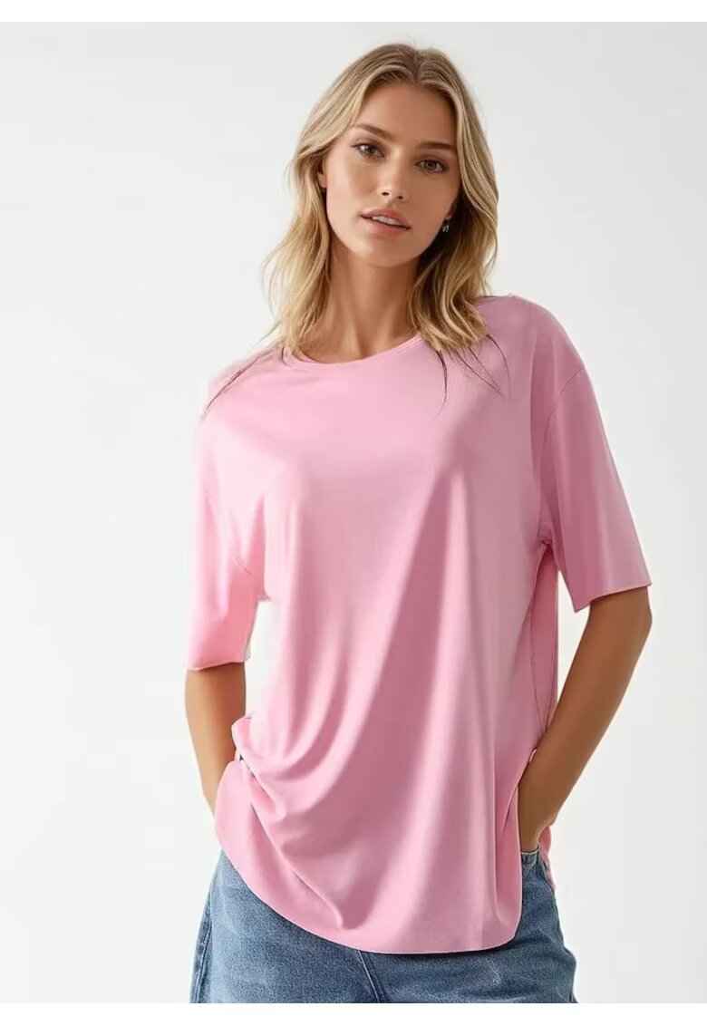 HiCCUP Tricou dama - tricotat - guler rotund - maneca scurta - roz - jerseu