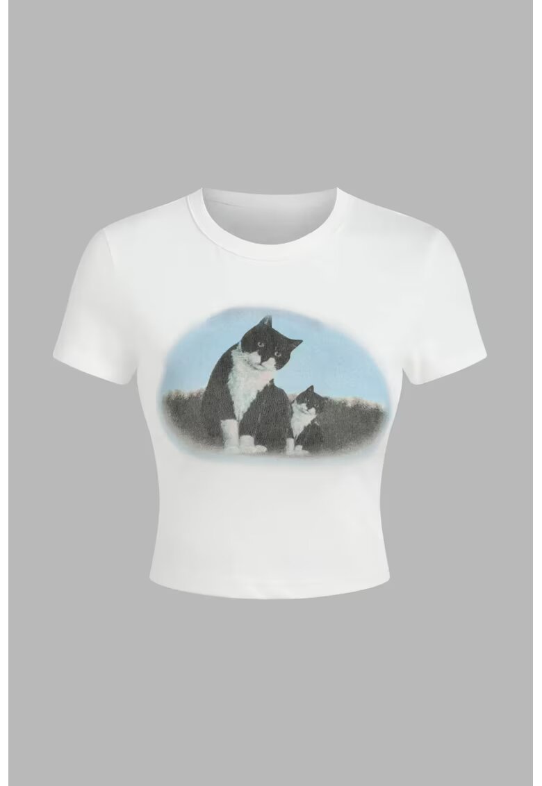 HiCCUP Tricou scurt dama - bumbac - cu imprimeu.multicolor - Alb