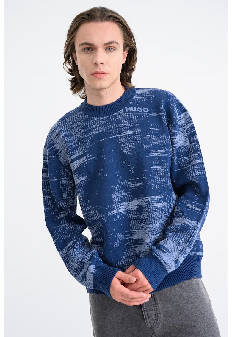 Hugo Pulover tricotat fin cu model abstract Sorbas - Albastru inchis/Albastru azur