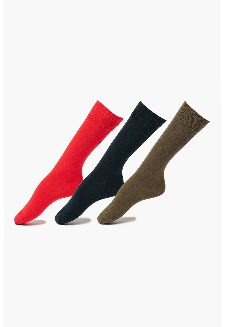 Hugo Set de 3 perechi de sosete lungi cu logo contrastant - Rosu/Kaki/Bleumarin