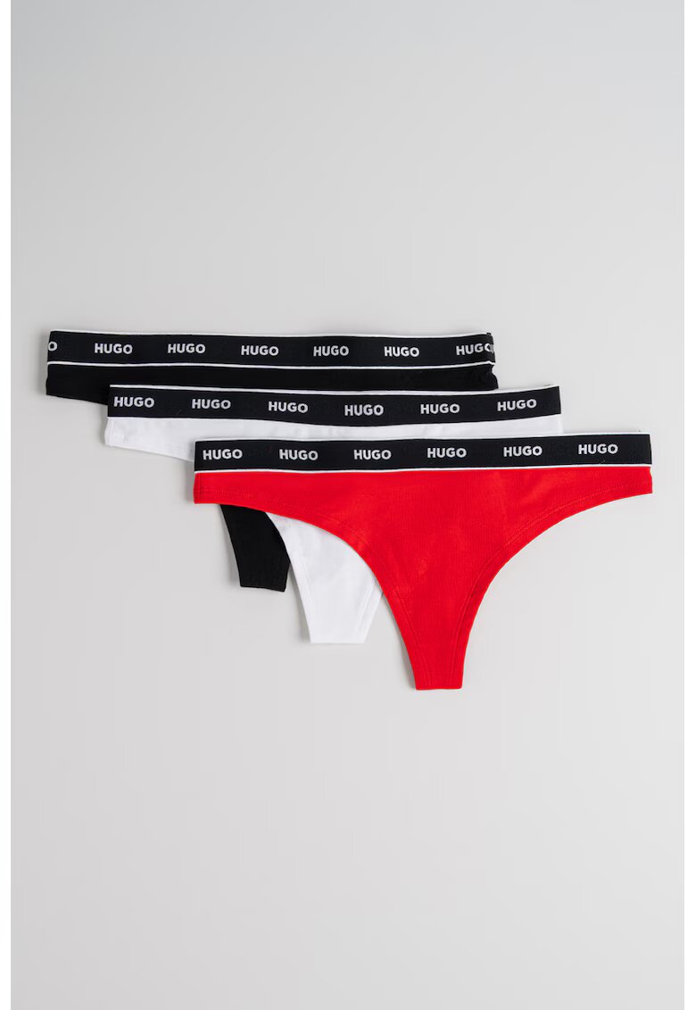 Hugo Set de chiloti tanga cu banda logo in talie - 3 perechi - Alb/Negru/Rosu vermillion
