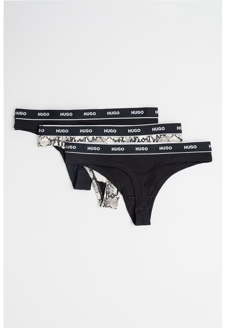 Hugo Set de chiloti tanga cu logo - 3 perechi - Negru/Gri