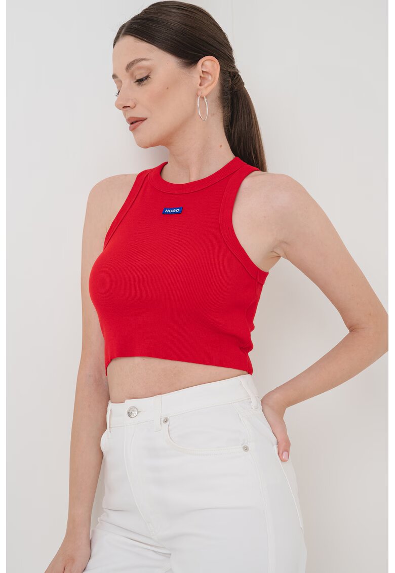 Hugo Top crop striat cu detaliu logo - Alb/Albastru royal/Rosu vermillion