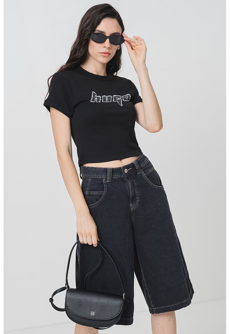 Hugo Tricou crop cu imprimeu logo frontal - Negru/Gri inchis