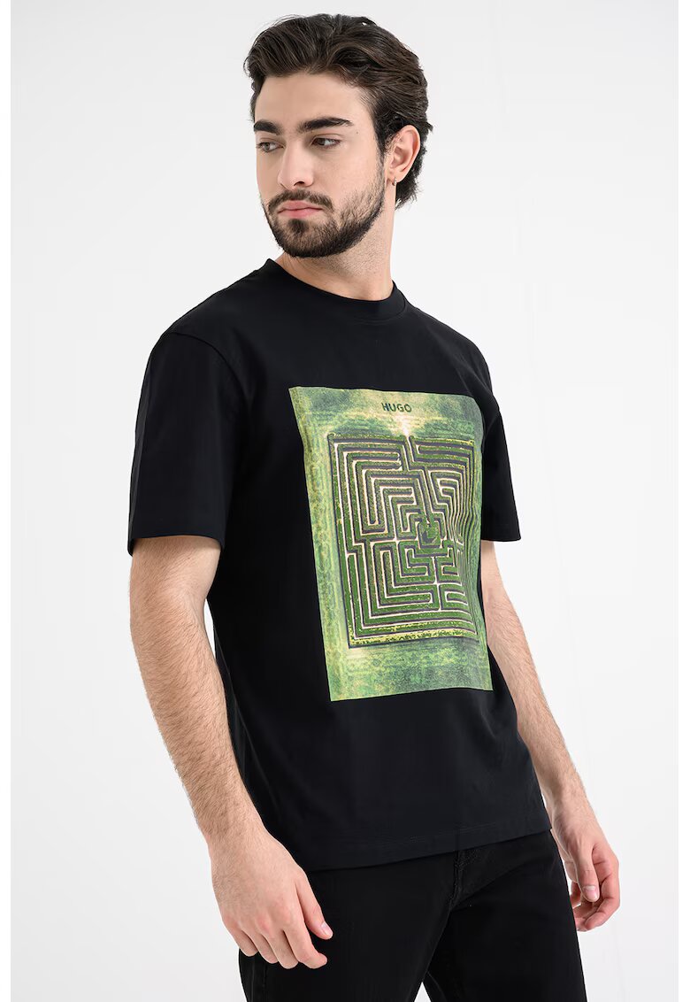 Hugo Tricou cu decolteu la baza gatului si imprimeu frontal - Verde/Negru
