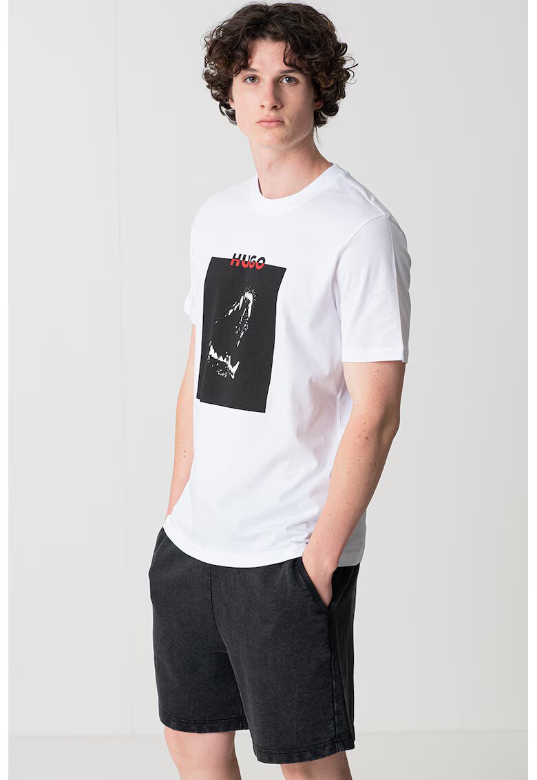 Hugo Tricou cu decolteu la baza gatului si imprimeu logo - Alb/Coral/Negru stins