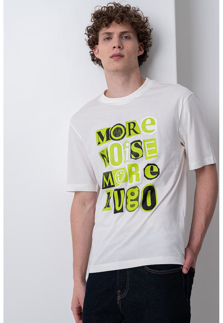Hugo Tricou de bumbac cu text - Negru stins/Alb murdar/Verde lime