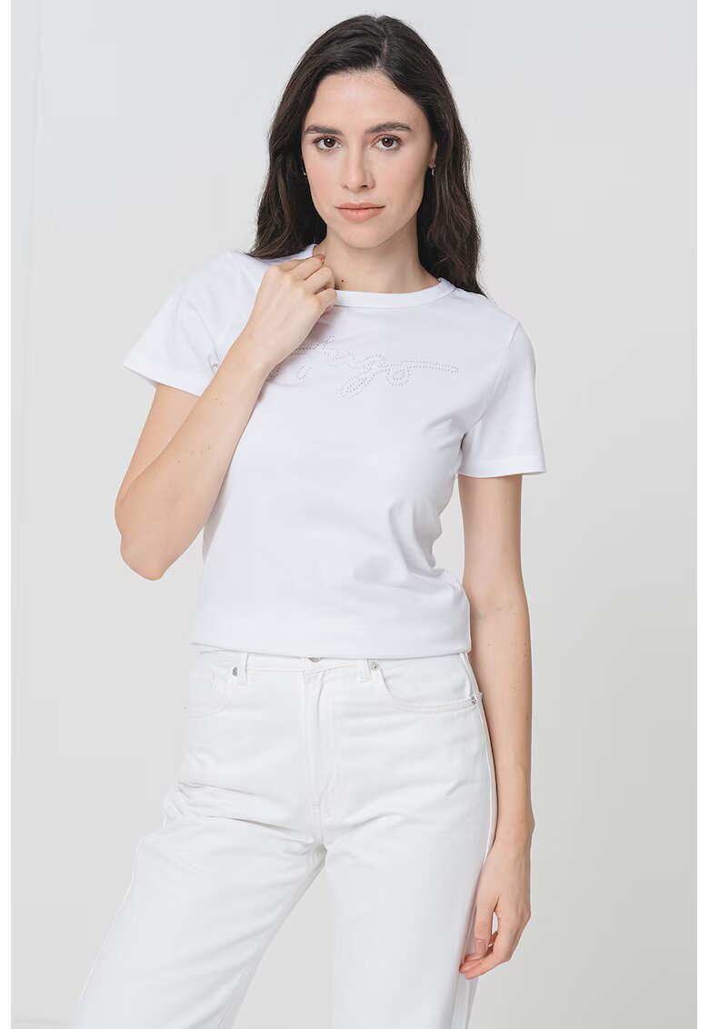Hugo Tricou slim fit cu logo din strasuri - Alb/Argintiu