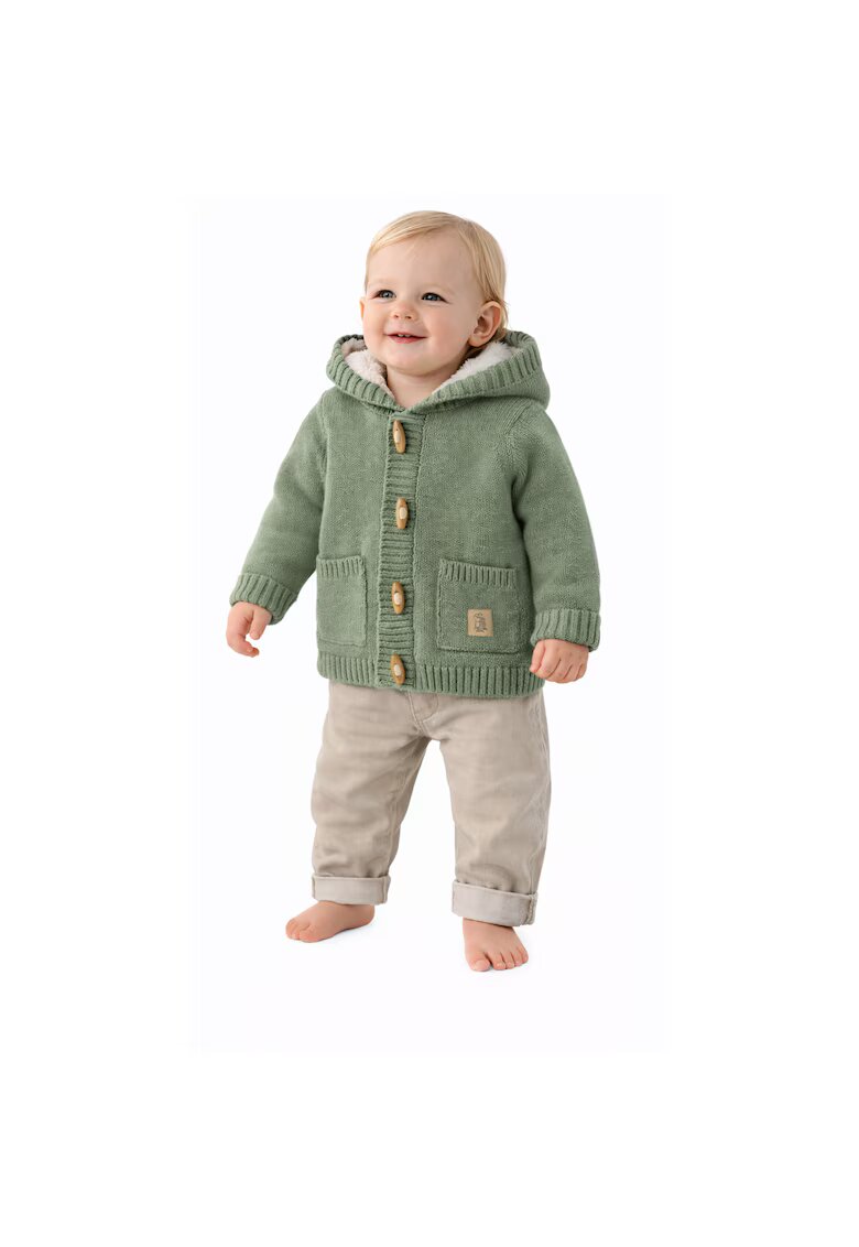 I Do Cardigan bebelusi iDO cu gluga verde salvie din bumbac tricotat captusit