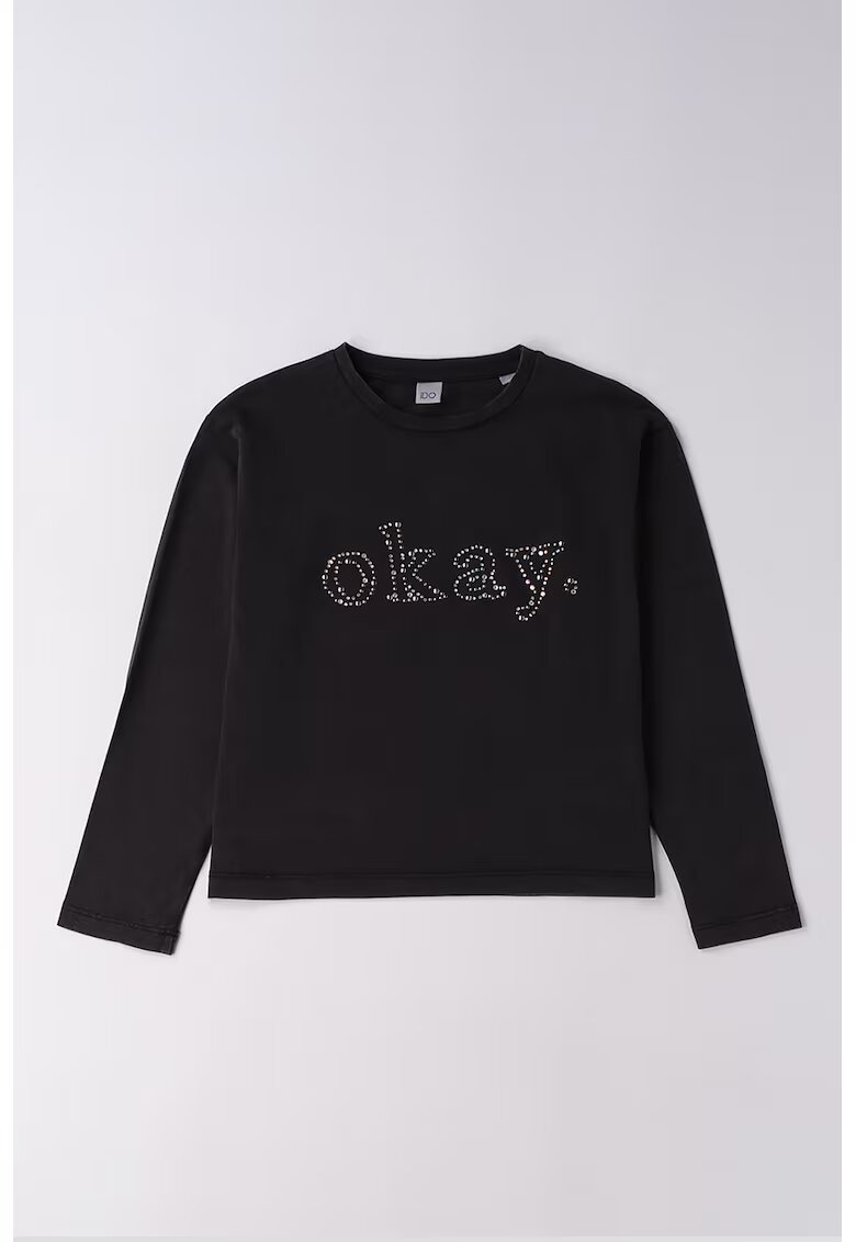 IDO Bluza din amestec de bumbac cu text decorat cu strasuri - Negru