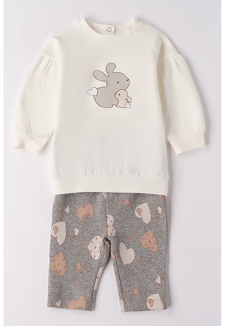 IDO Set de bluza si pantaloni cu model inimi - 2 piese - Alb fildes/Gri inchis melange/Maro deschis