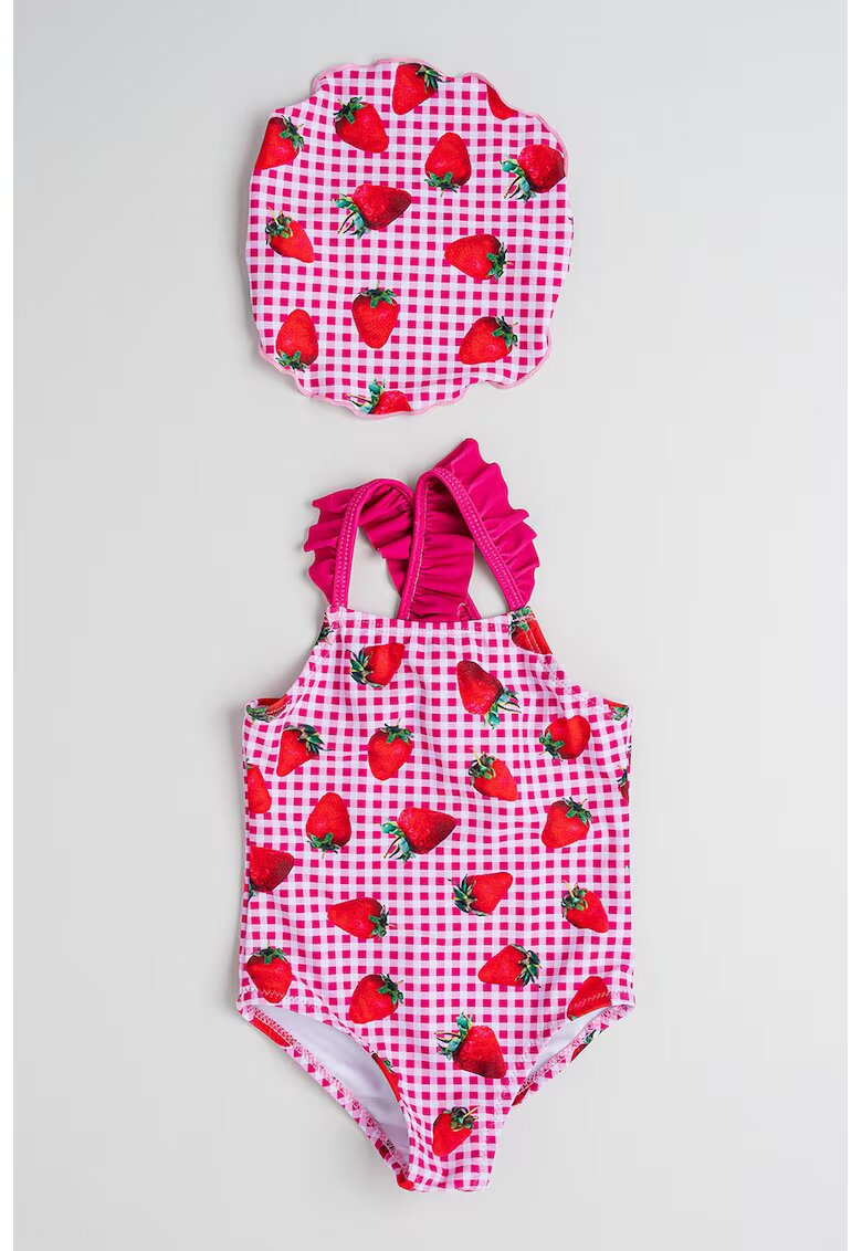 IDO Set de costum de baie intreg cu model si bandana - 2 piese - Rosu/Alb/Fucsia
