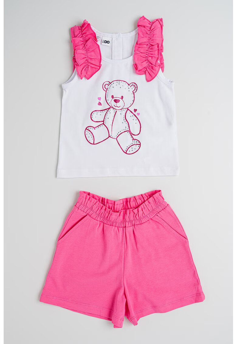 IDO Set de top cu model - aplicatii cu volane si pantaloni scurti cu model uni - 2 piese - Alb/Roz