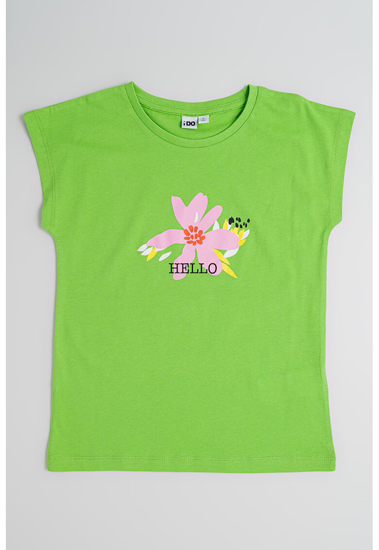 IDO Tricou cu decolteu la baza gatului si model floral - Roz/Verde lime