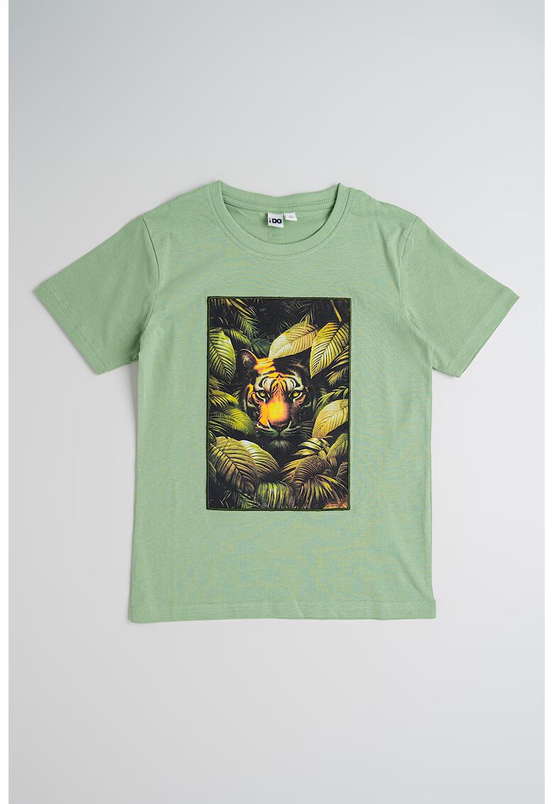 IDO Tricou din bumbac cu decolteu la baza gatului si imprimeu grafic - Portocaliu/Verde deschis