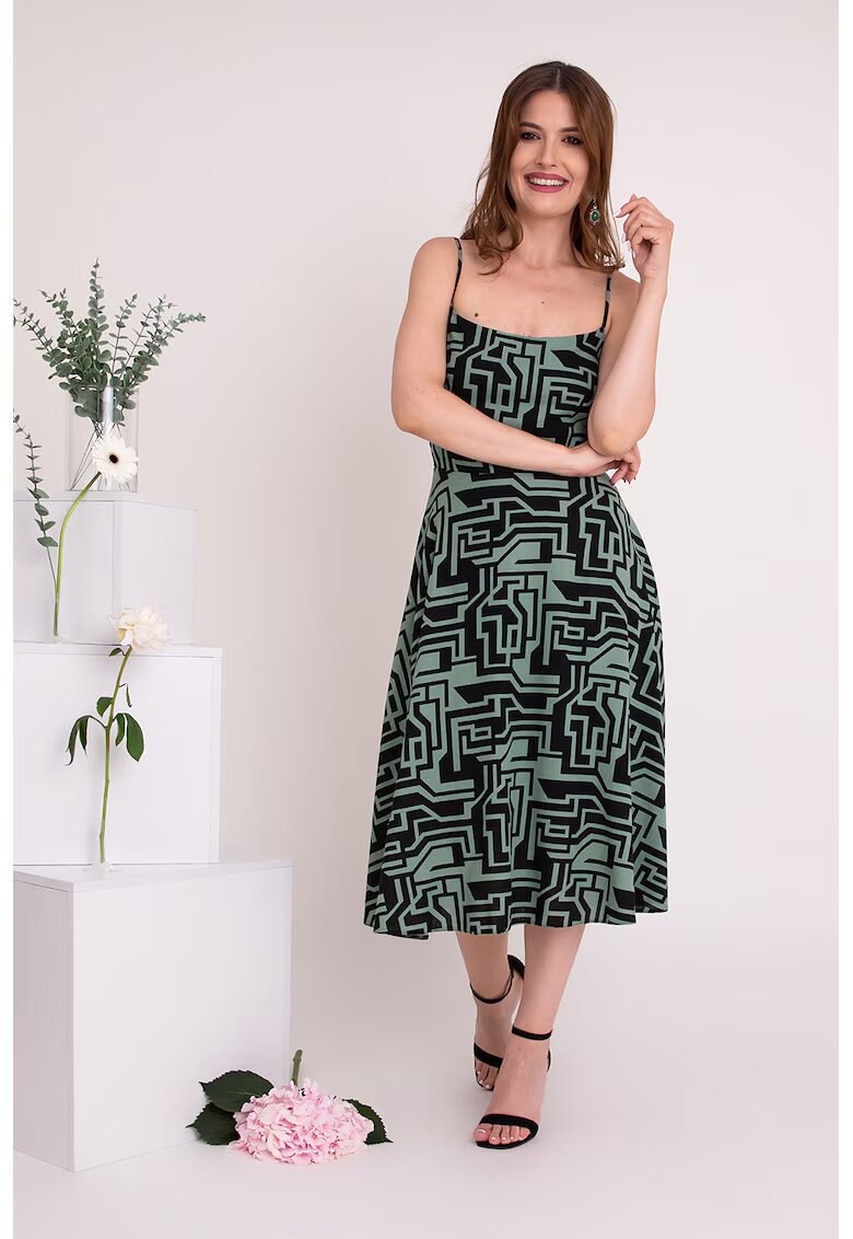 Ilona Andreoiu Rochie midi din amestec de in cu imprimeu Calista - Negru/Verde pal