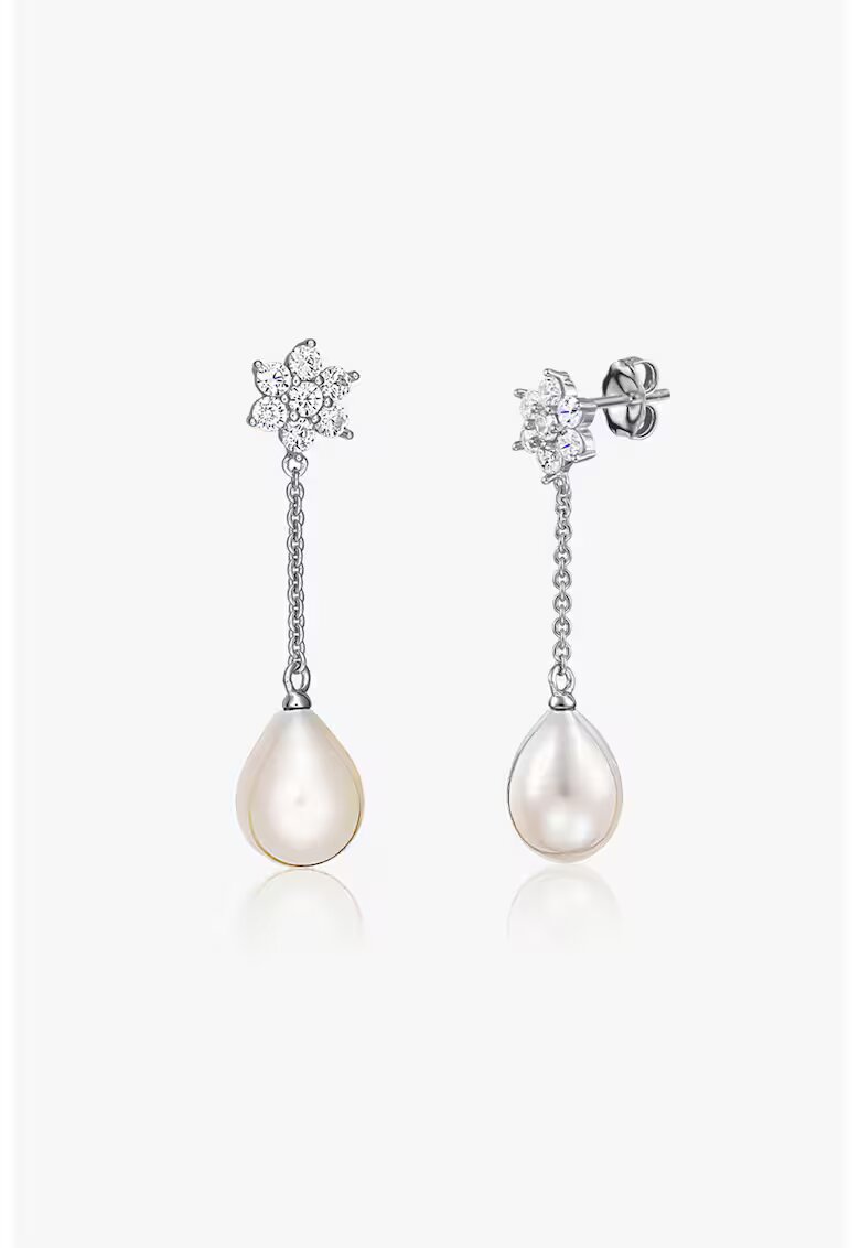 INDIRA Cercei drop din argint decorati cu perle si zirconia - Alb/Argintiu